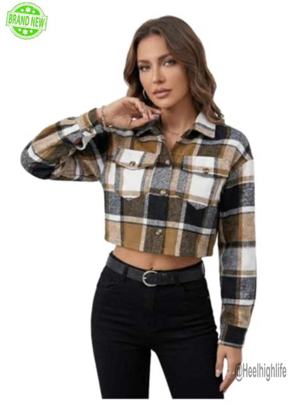 Plaid Flannel Crop Button Down Shacket Long Sleeve Blouse - Picture 4 of 4